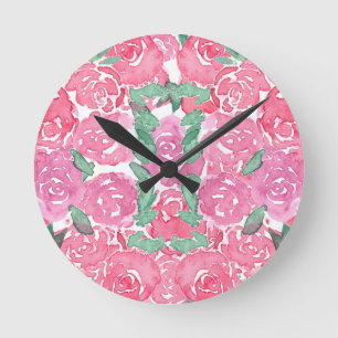 Romantisches Wasserfarben-Rosenmuster in Rosa und Runde Wanduhr