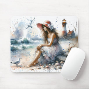Romantisches Wasserfarbenmädchen am Leuchtturm Mousepad