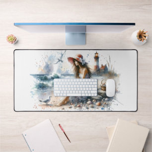 Romantisches Wasserfarbenmädchen vom Leuchtturm Schreibtischunterlage