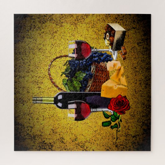 Romantisches Weinglas, Flasche, Käse, Trauben, Gol Puzzle (Vertikal)