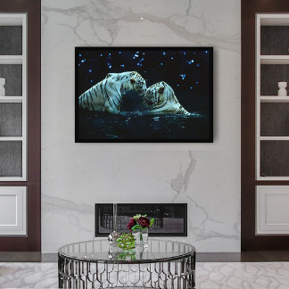 Romantisches Weißes Tiger-Paar in Wasser bei Nacht Poster