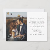 Romantisches Weißkalligrafie-Foto Hochzeit Dankeskarte (Vorderseite)