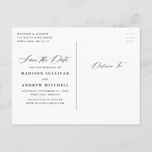 Romantisches Weißkalligraphie-Foto Save the Date Ankündigungspostkarte (Rückseite)