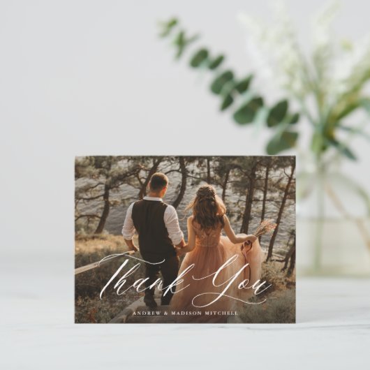Romantisches Weißkalligraphie-Foto Vielen Dank Postkarte (Stehend Vorderseite)