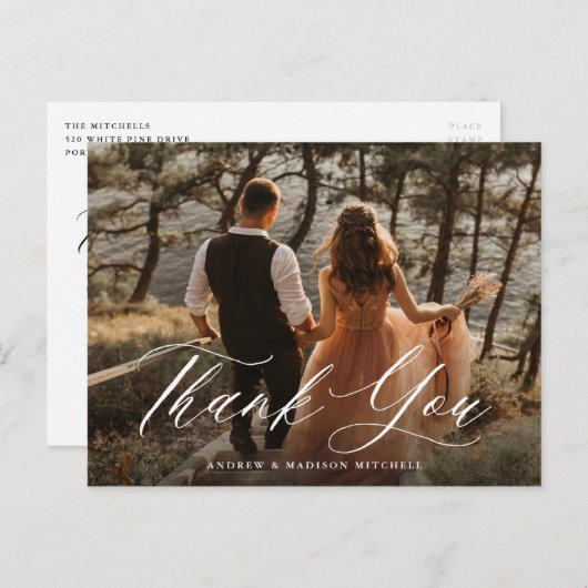 Romantisches Weißkalligraphie-Foto Vielen Dank Postkarte (Vorne/Hinten)