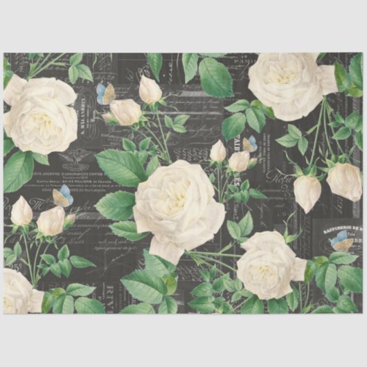 Romantisches Weißrosen-Ephemera Collage Tissue Pap Seidenpapier (Vorderseite)