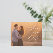 Romantisches White Script-Foto Save the Date Postkarte (Stehend Vorderseite)