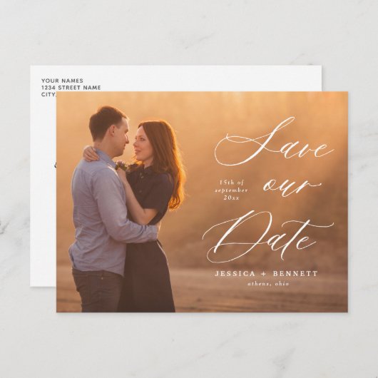 Romantisches White Script-Foto Save the Date Postkarte (Vorne/Hinten)