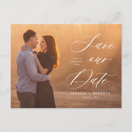 Romantisches White Script-Foto Save the Date Postkarte (Vorderseite)