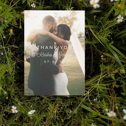 Romantisches White Script Wedding Foto Vielen Dank Dankeskarte