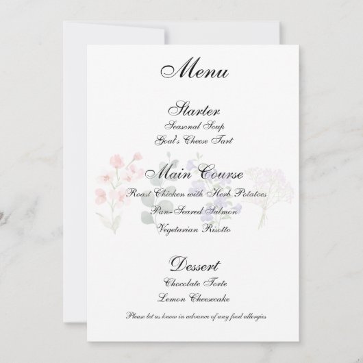 Romantisches Wildblumen-Boho-Hochzeitsempfangsmenü Einladung (Vorderseite)