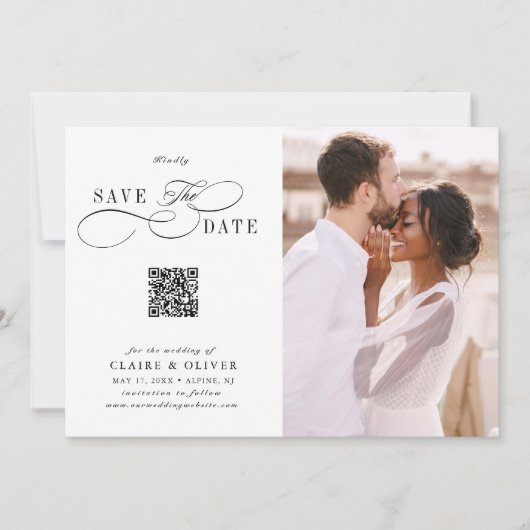 Romantisches Wirbles Script QR Code Wedding Foto Save The Date (Vorderseite)