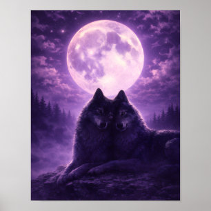 Romantisches Wolfspaar unter vollem lila Mond Poster