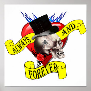 Romatic Schädel- und Herztätowierungsentwurf Poster