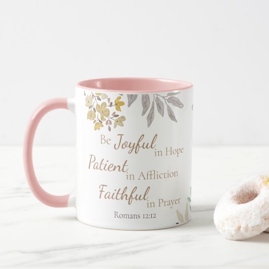 Römer 12:12 Schrift Pink Gold Aquarellfarben Tasse (Mit Donut)