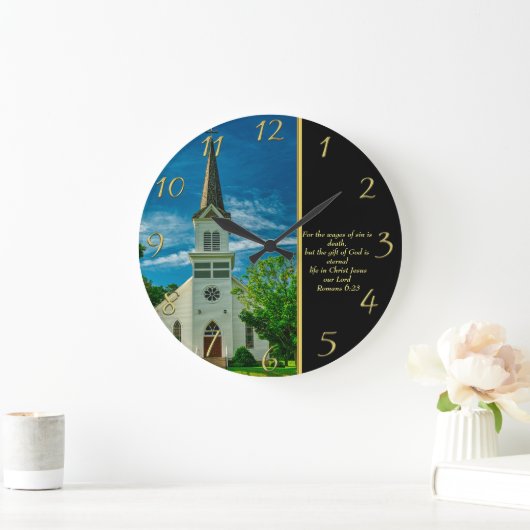Römer 6:23 Gold in der Weißen Kirche Große Wanduhr (Zuhause)