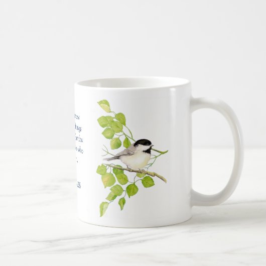 Römer 8:28 Bibelschrift Chickadee Bird Art Kaffeetasse (Rechts)