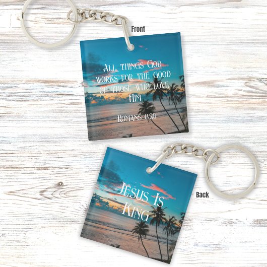 Römer 8:28 Bibelverse mit tropischem Sonnenunterga Schlüsselanhänger