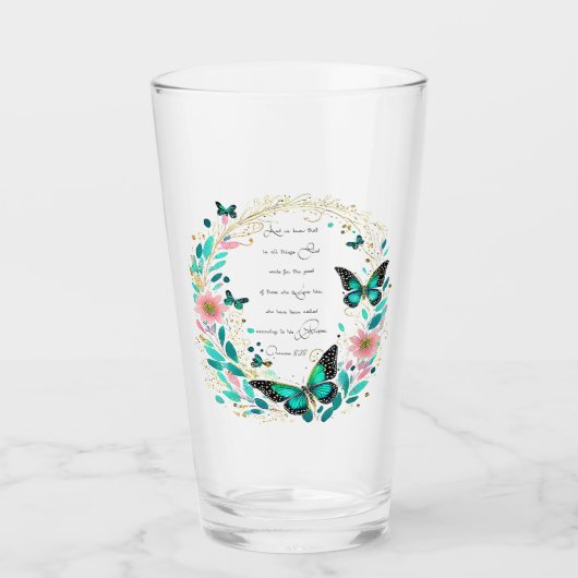 Römer 8:28 Blume und Schmetterlinge Glas (Vorderseite)