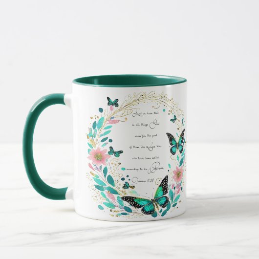 Römer 8:28 Blume und Schmetterlinge Tasse (Links)