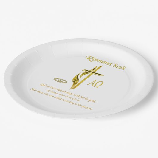 Römer 8:28 Christliche Ware Pappteller (Schrägansicht)