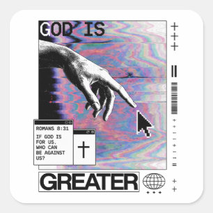 Römer 8,31 Cyberpunk Hand Gottes Glitch-Art Quadratischer Aufkleber