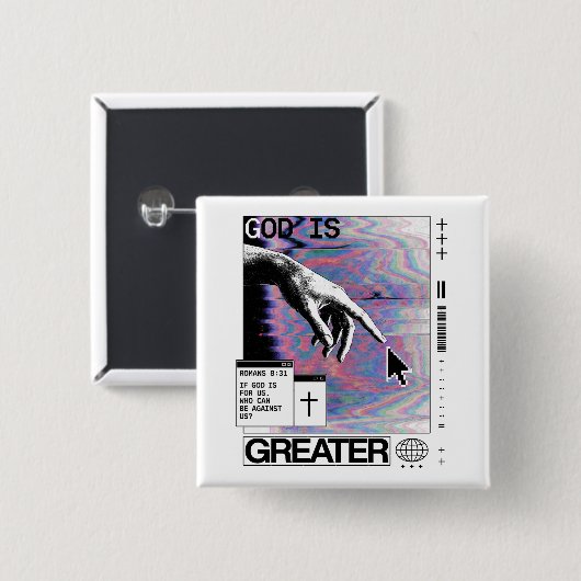 Römer 8:31 Cyberpunk Hand Of God Glitch Art Button (Vorne & Hinten)