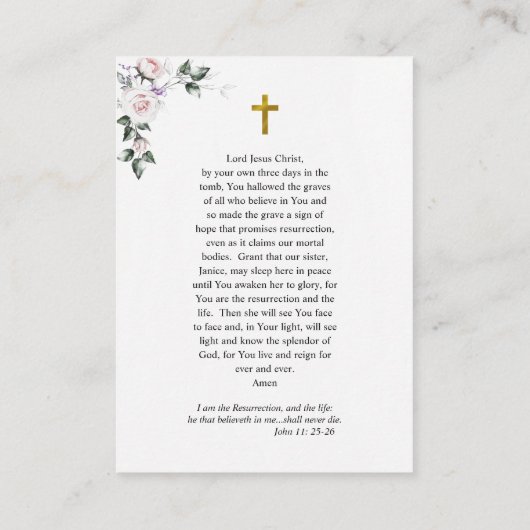 Römisch-katholische Jungfrau Mary Funerary Prayer Platzkarte (Rückseite)
