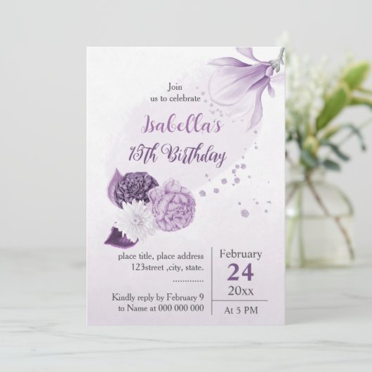 Römisch-violette Blumen botanischer Geburtstag Einladung (Stehend Vorderseite)