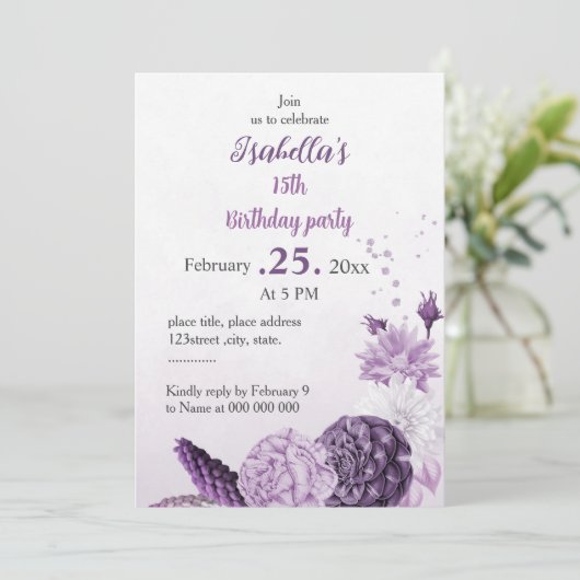 Römisch-violette Blumen botanischer Geburtstag Einladung (Stehend Vorderseite)