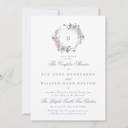 Römische Blumen-Monogramm-Keilpaare Dusche Einladung (Vorderseite)