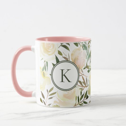 Römische Blütenvanilla Weißfarben Monogramm Tasse (Links)