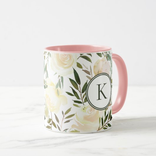 Römische Blütenvanilla Weißfarben Monogramm Tasse (VorderseiteRechts)
