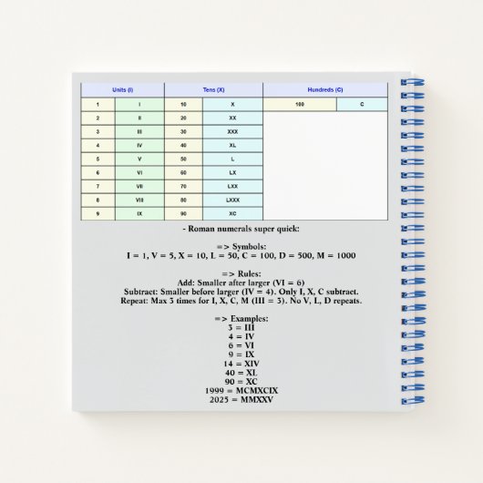römische Zahlen 1 bis 100 Diagramm Notizblock (Rückseite)
