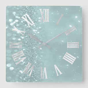 Römischer Zahl-silbernes Grau-aquamariner Quadratische Wanduhr