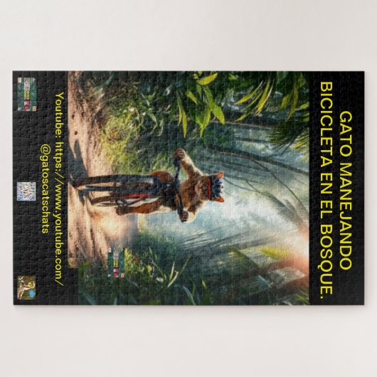 ROMPECABEZA GATO MANEJANDO BICICLETA EN EL BOSQUE. PUZZLE (Horizontal)