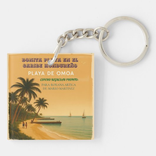 Rompecabezas  Honduras Playa Omoa Retro poster Schlüsselanhänger (Rückseite)