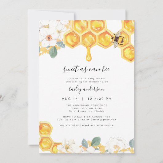 Romy - Blumen Honey Bumble Bee Baby Dusche Einladung (Vorderseite)