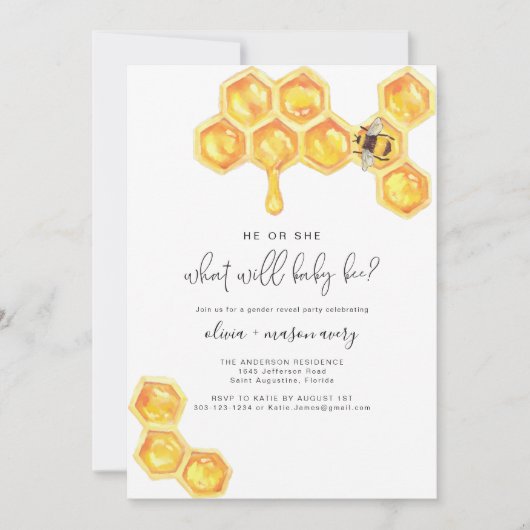 ROMY Rustic Bee Honey Comb Gender Reveal Party Einladung (Vorderseite)