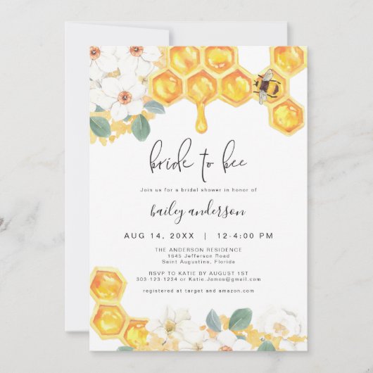 ROMY Rustic Floral Honey Bridge to Bee Bridal Einladung (Vorderseite)