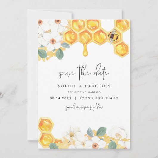 ROMY Rustic White Floral Honey Bee Save the Date Einladung (Vorderseite)