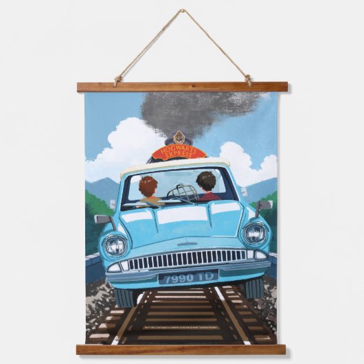 Ron & HARRY POTTER™ in Flying Car to HOGWARTS™ Wandteppich Mit Holzrahmen (Vorderseite)