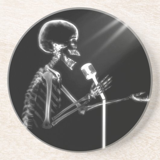 RÖNTGENBLICK-SKELETON GESANG AUF RETRO MIC - B&W SANDSTEIN UNTERSETZER (Vorne)
