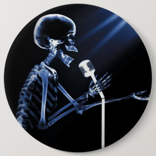 RÖNTGENSTRAHL-SKELETON GESANG AUF RETRO MIC - BLAU BUTTON