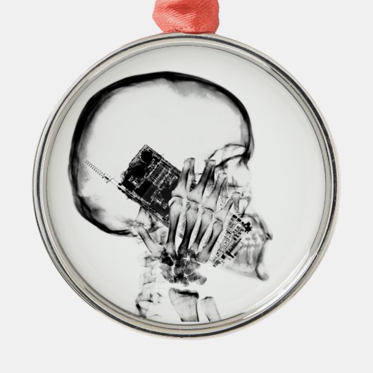 RÖNTGENSTRAHL-SKELETT AM TELEFON - B&W ORNAMENT AUS METALL (Vorne)