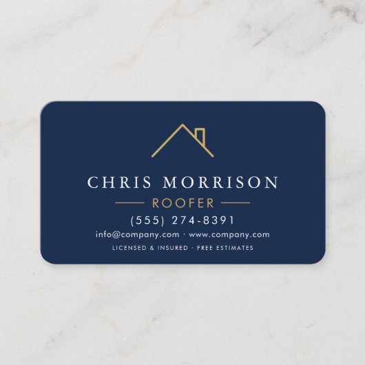 Roofer Navy Blue Gold QR Code Visitenkarte (Vorderseite)