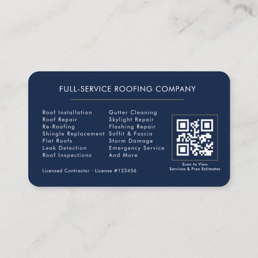Roofer Navy Blue Gold QR Code Visitenkarte (Rückseite)
