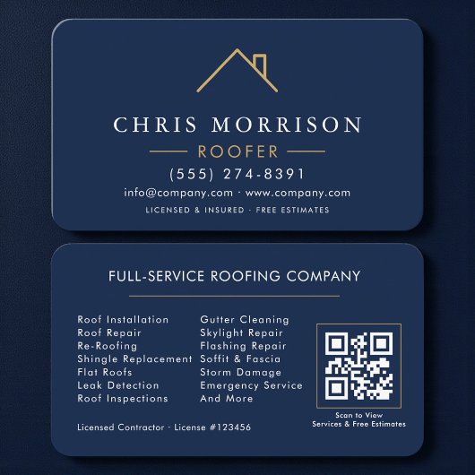 Roofer Navy Blue Gold QR Code Visitenkarte