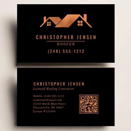 Roofer QR Code Roofing Business Black Copper Visitenkarte