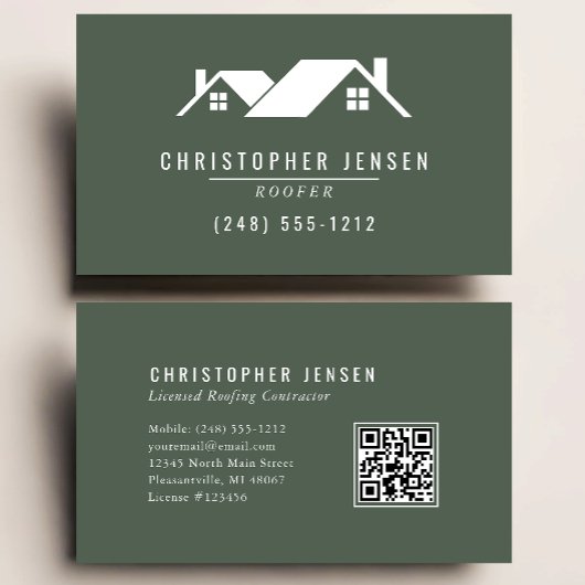 Roofer QR Code Roofing Business Dark Green Visitenkarte